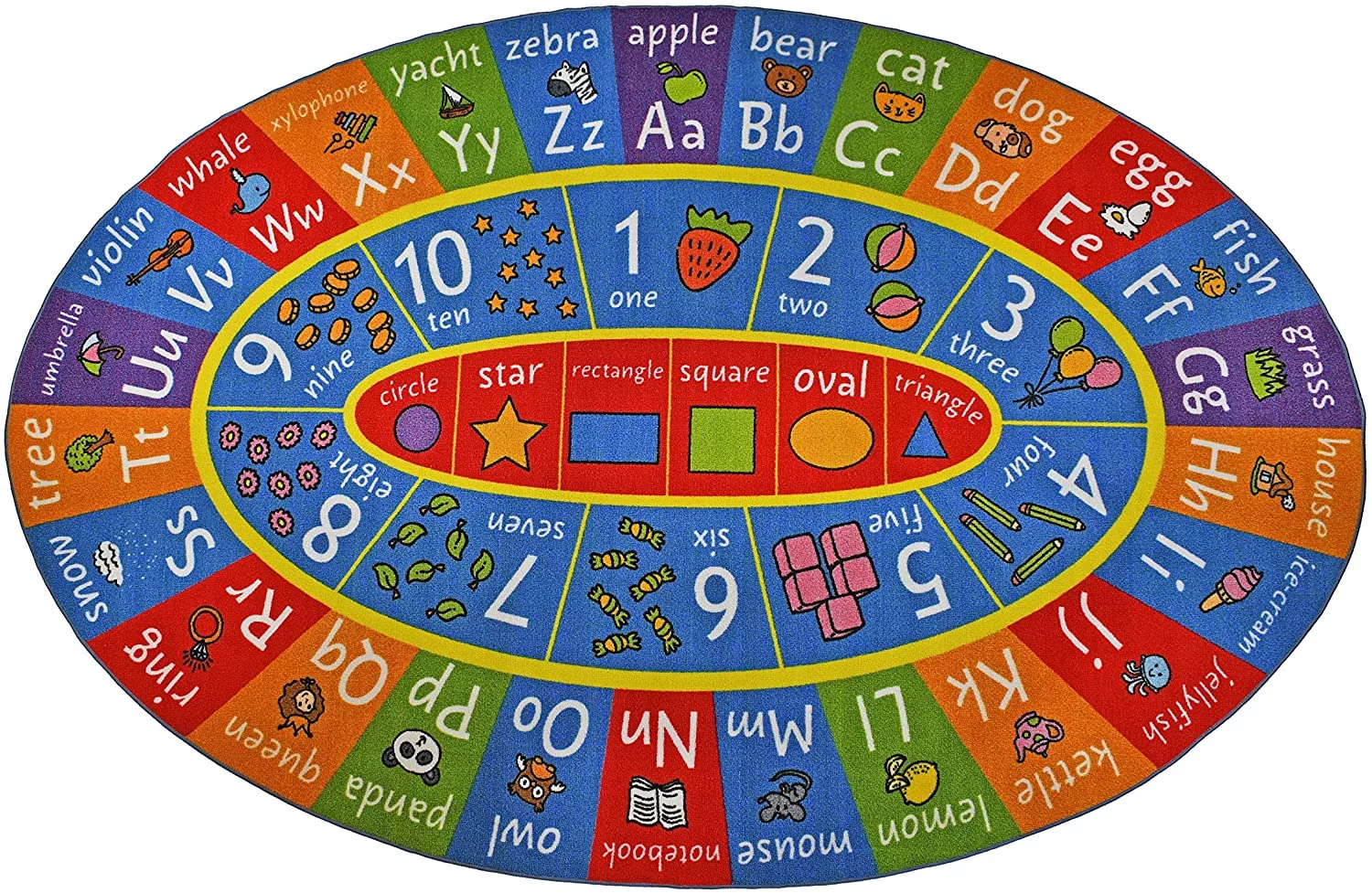 KC Cubs Playtime Collection ABC Alphabet, Numbers and Shapes Educational Learning & Game Area Oval Rug Carpet for Kids and Children Bedrooms and Playroom