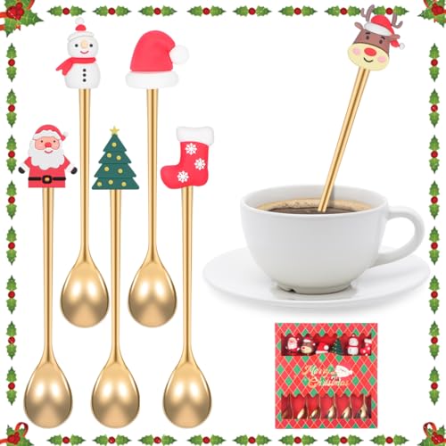 Kichvoe 6Pcs Christmas Coffee Spoons Set: Doll Golden Stainless Steel Dessert Stirring Spoons for Holiday Tea Party and Family Gatherings