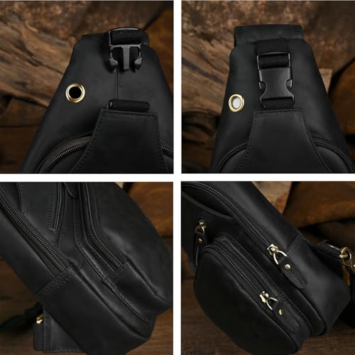 Le'aokuu Men Fashion Casual Tea Designer Travel Hiking Crossbody Chest Sling Bag Rig One Shoulder Strap Bag Men Leather 8015
