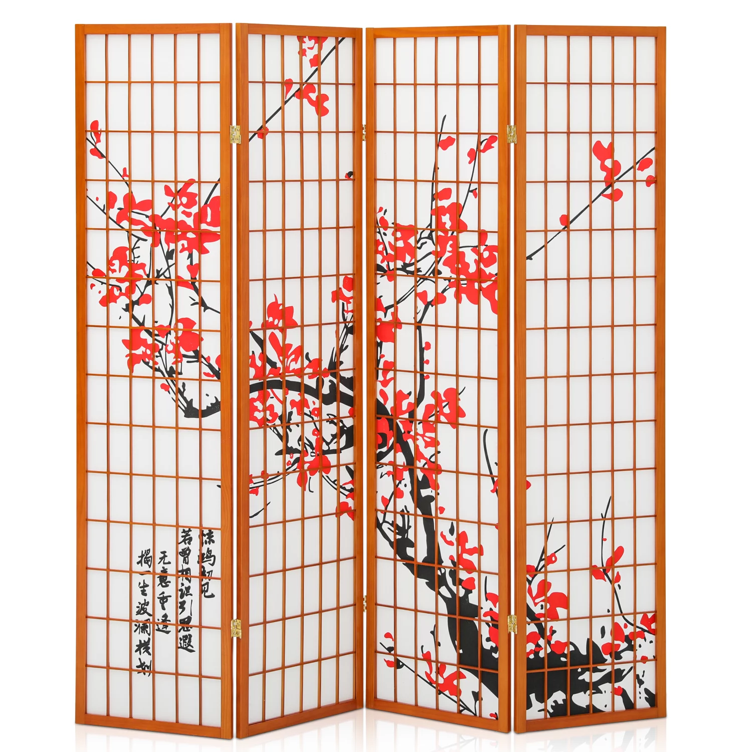 Magshion 5.8 ft Tall Partition Wall Foldable Room Divider, 4 Panel Wood Privacy Screen for Living Room, Plum blossom, Walnut