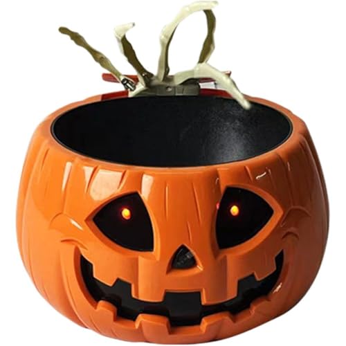 Halloween Skull Bowl, Animated Pumpkin Candy Holder, Halloween Pumpkin Candy Bowl Dish with Lighted Red Eyes and Moving Skeleton Hand for Halloween Decoration