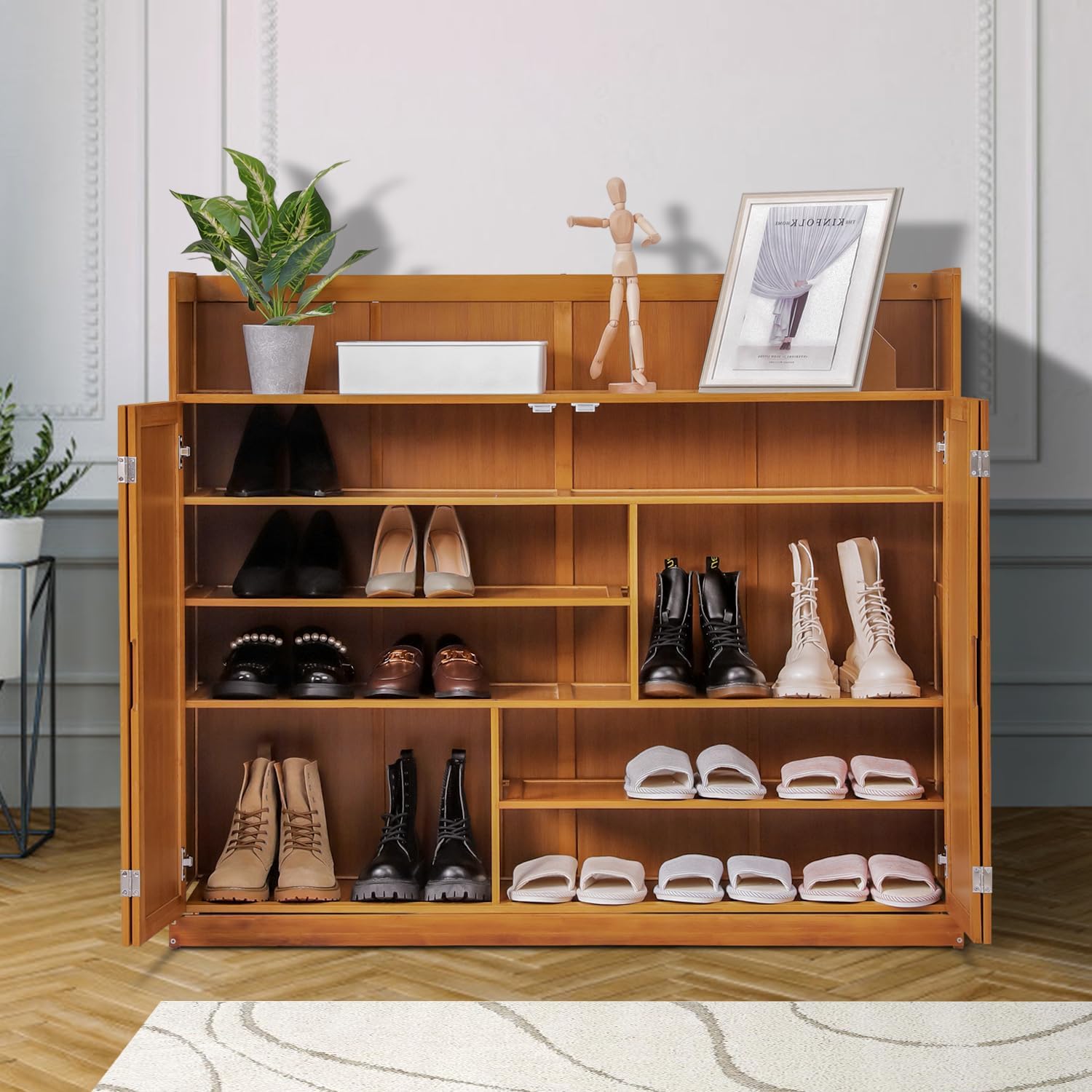 Magshion 5 Tier Bamboo Shoe Cabinet with Doors, Free Standing Shoe Shelf Organizer w/High Baffle, Freestanding Shoe Cabinet Organizer for Convenient Shoe Organization (Brown)