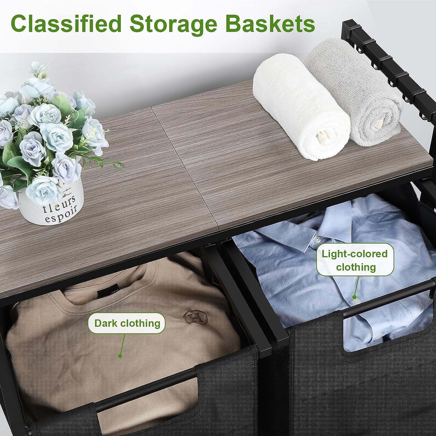 Rolling Black Double Laundry Hamper Basket with Removable Bag and Gray Wood Shelf