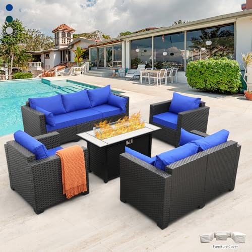 Rattaner Patio Furniture Set 5 Pieces Outdoor Furniture Sets Patio Couch Outdoor Chairs Coffee Table Peacock Blue Anti-Slip Cushions and Waterproof Covers