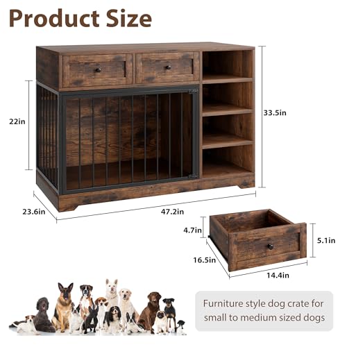 IDEALHOUSE 47” Large Dog Crate, Dog Kennel Indoor with 2 Drawers and 4 Shelves, Dog Crate Furniture TV Stand, Wooden Dog Cage for Medium Large Dogs, Black