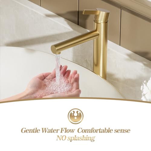 Phiestina Brushed Gold One Hole High Bathroom Vessel Sink Faucet, Single Hole Single Handle Tall Bathroom Faucet, with Pop Up Drain and Water Supply Line,FH01-BG-V
