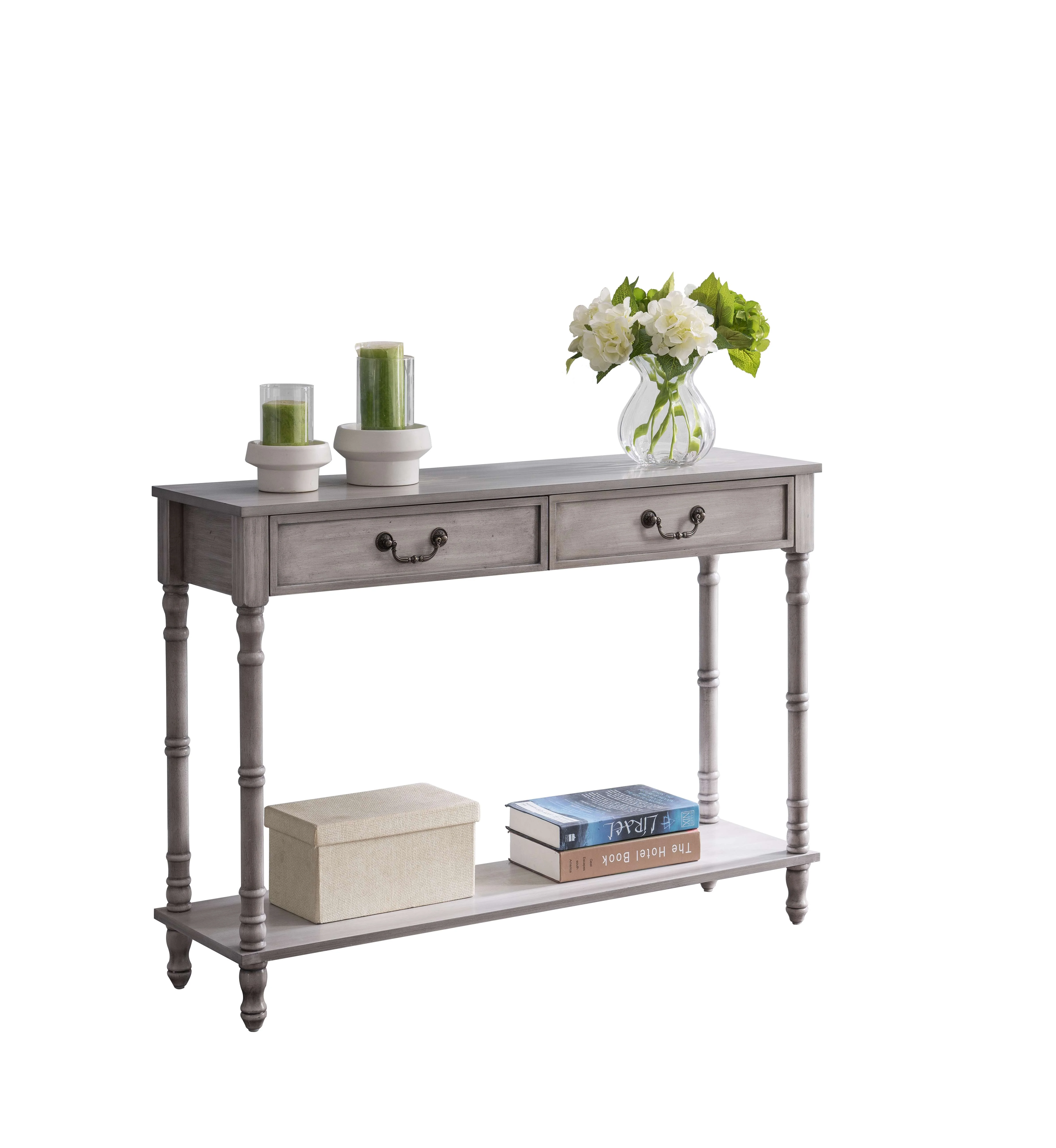 Kings Brand Furniture Traditional 2-Drawer Console Table with Lower Shelf, Washed Oak