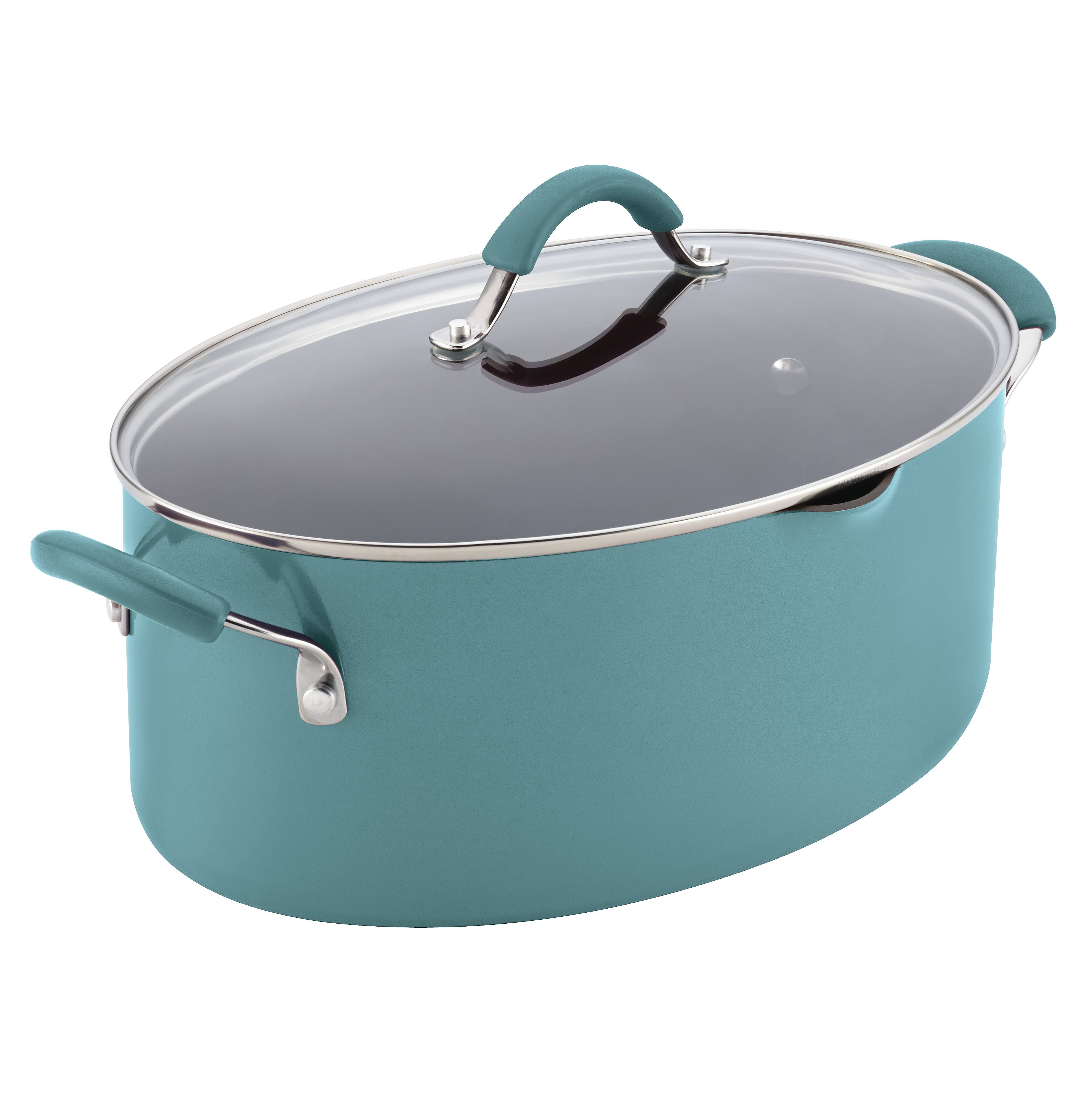 Rachael Ray Cucina Hard Enamel Nonstick 8-Quart Covered Oval Pasta Pot with Pour Spout, Agave Blue