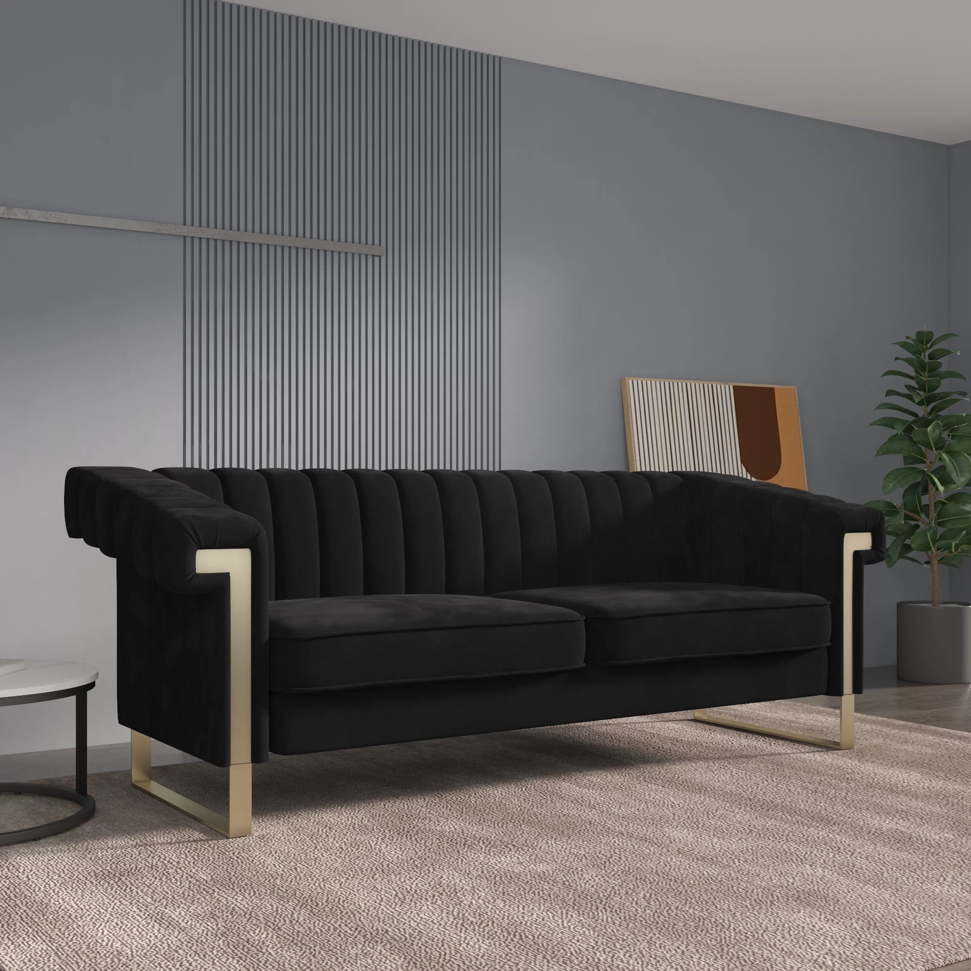 Magic Home 83.86 inch Chesterfield Sofa Modern Velvet Couch with Flared Arms and Removable Cushions Classic Sofa,Solid Wood Frame Gold Legs,Blue