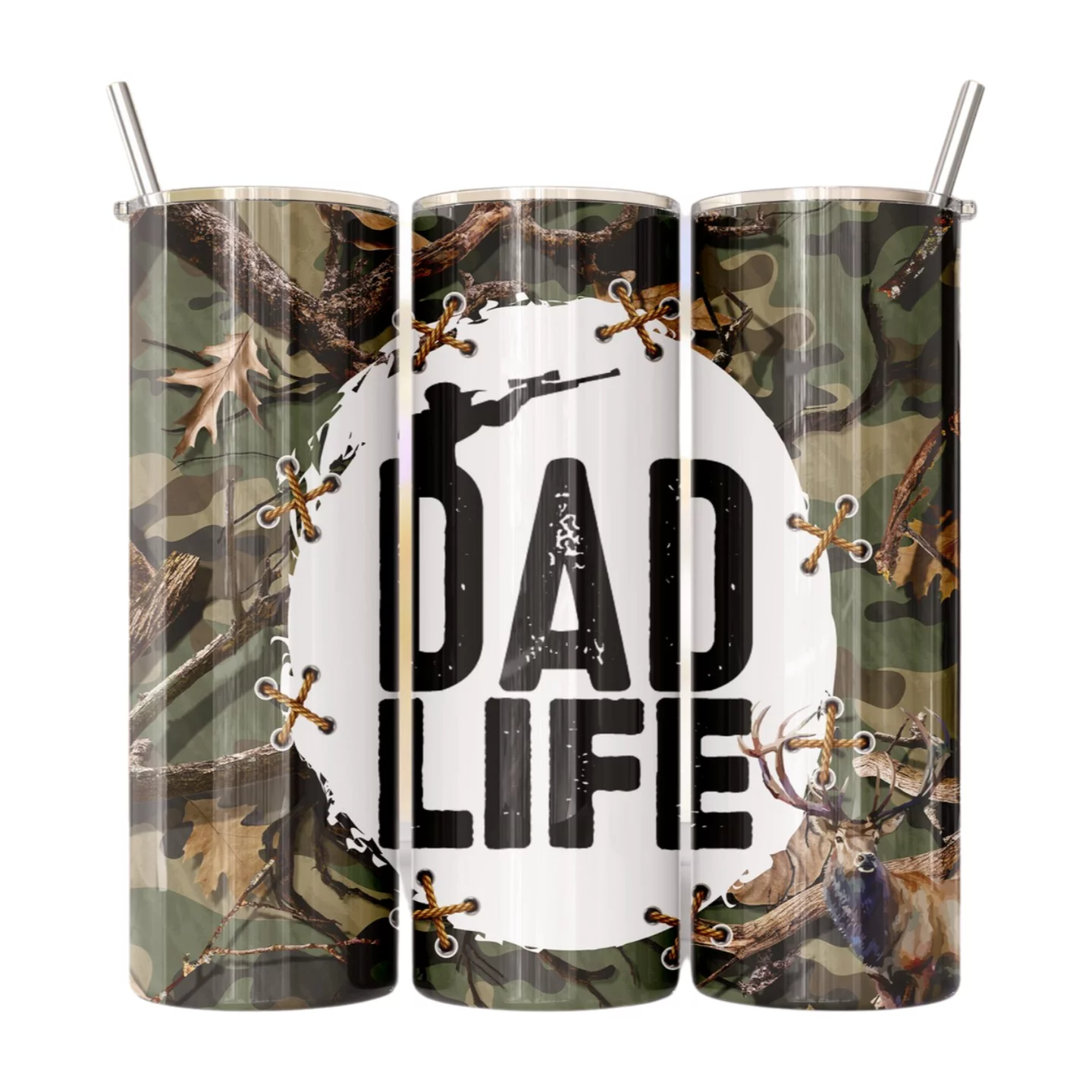 Dad Life Deer Hunter Camo 20 Oz Skinny Metal Tumbler w/Lid and Straw
