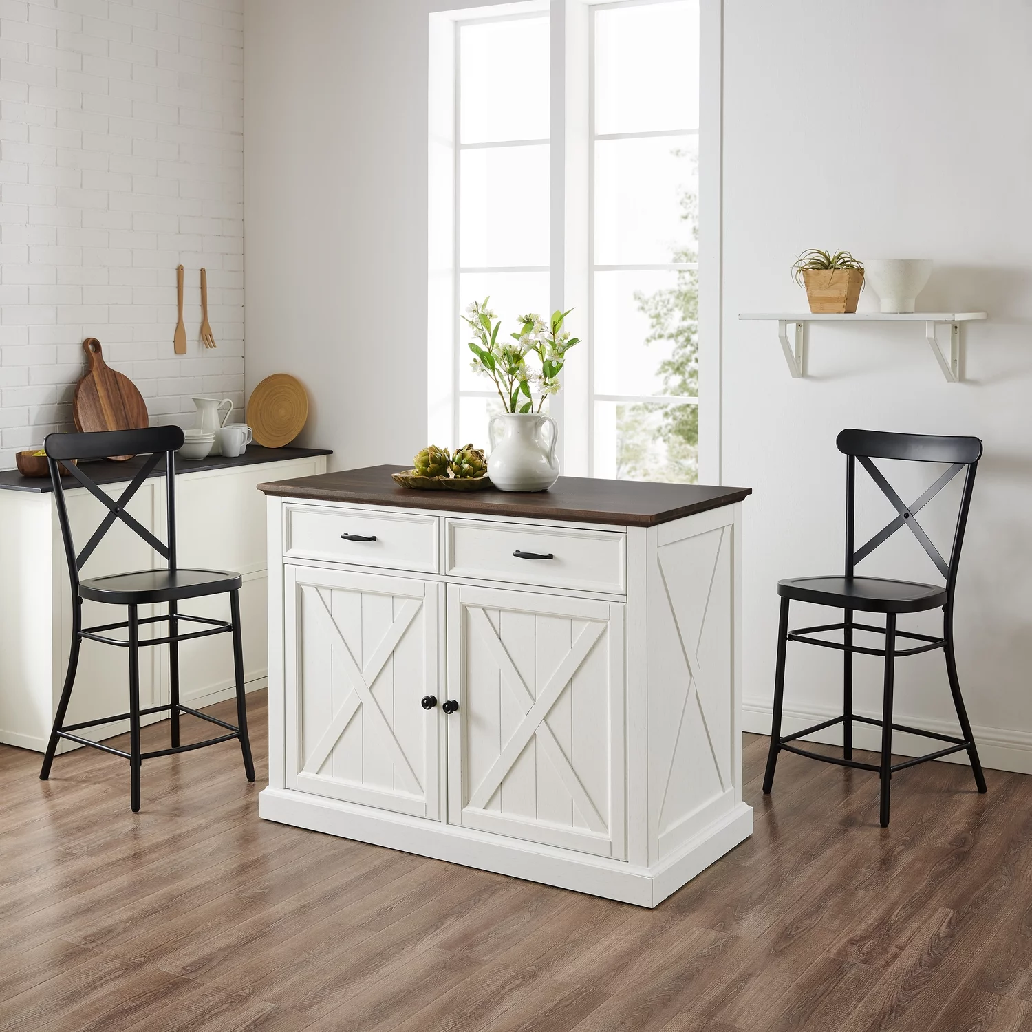 HomeStock Neo-Classical Nostalgia Kitchen Island W/Camille Stools Distressed White/Black - Kitchen Island & 2 Stools