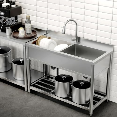 2-Compartment Commercial Sink, Stainless Steel Utility Sink with Pull-out Faucet, Free Standing Double Bowl Kitchen Sink for Restaurant, Garage, Shop, Cafe, Outoor, 21.7