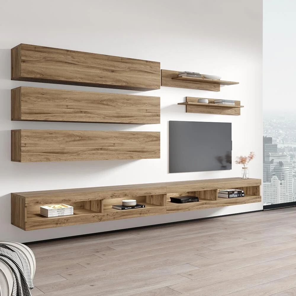 Meble Furniture Fly J1 34TV Wall Mounted Floating Modern Entertainment Center Oak