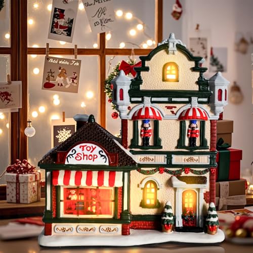 Aircity Christmas Ceramic Village House with LED Light, Handcrafted Holiday Decor for Tabletop and Desk, Shop Theme for Home Décor