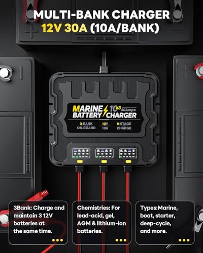 Smart 2 Bank Marine Battery Charger, 10A (5A/Bank), 12V,Waterproof,lifepo4 Lithium Battery Charger Maintainer and Desulfator for AGM, Lithium,Deep-Cycle Batteries Boat Accessories