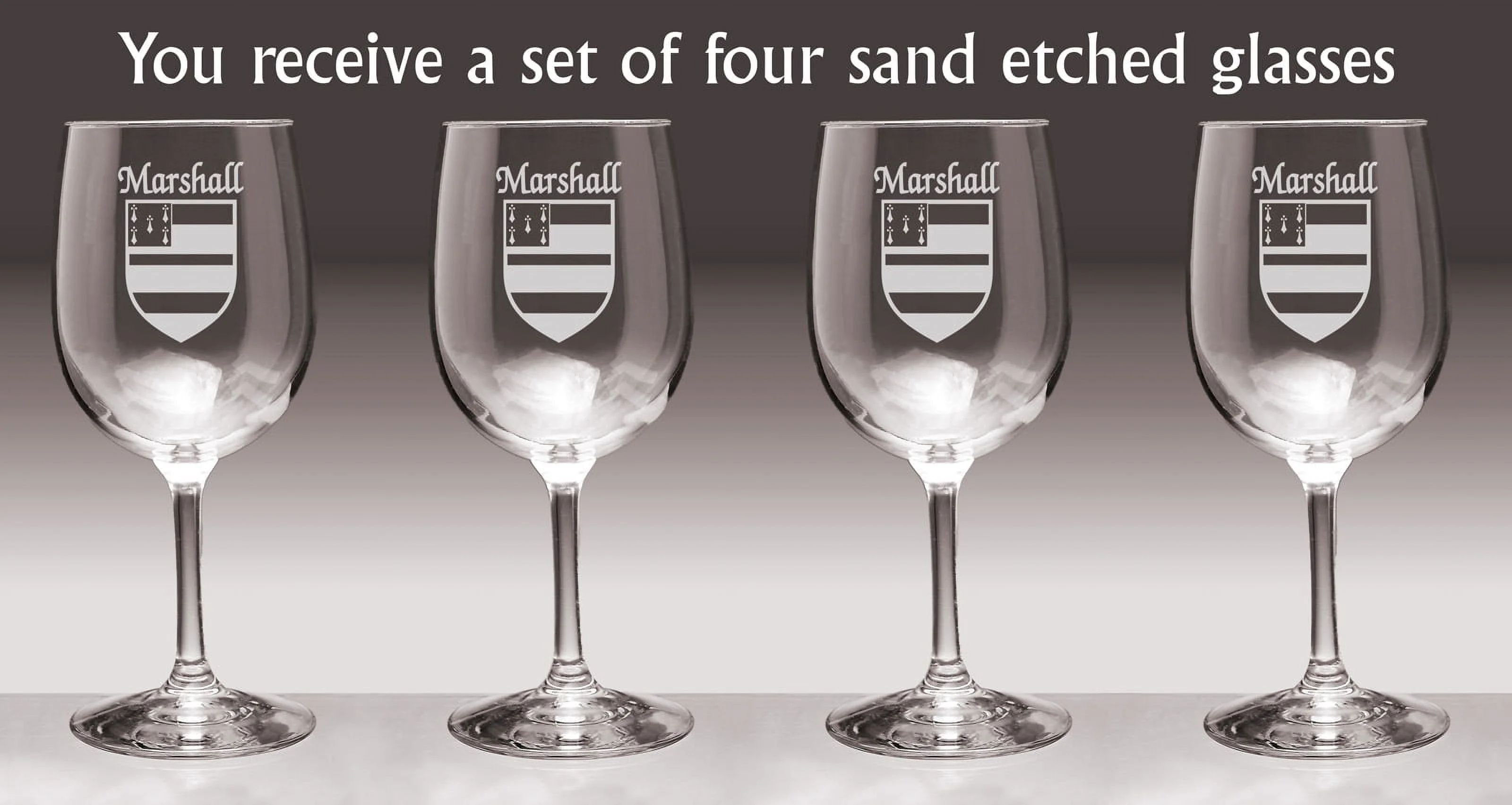 Marshall Irish Coat of Arms Wine Glasses - Set of 4 (Sand Etched)