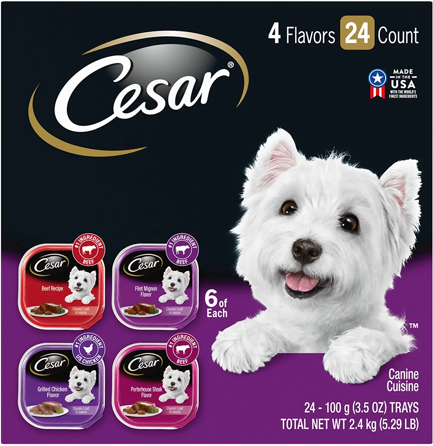 CESAR Soft Wet Dog Food Classic Loaf in Sauce Beef Recipe, Filet Mignon, Grilled Chicken and Porterhouse Steak Variety Pack, (24) 3.5 oz. Easy Peel Trays