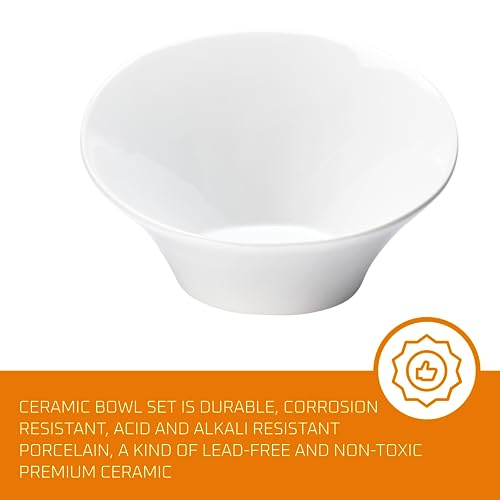 Bruntmor Ceramic Porcelain Salad Bowls - Angled Bowls Ceramic for Salad, Noodle, Pasta, Cereal, Soup - Kitchen Bowl, Ideal for Home and Restaurant - 8.3'' & 6'' - Set of 2 - White