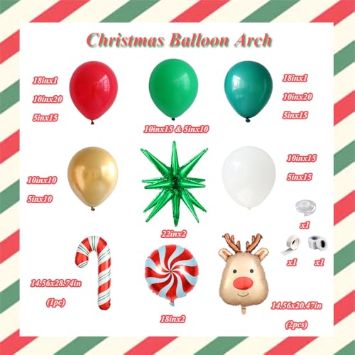 158Pcs Christmas Balloon Arch Garland Kit, Xmas Red Green White Gold Latex Balloons with Candy Cane Elk Deer Foil Balloons for Christmas New Year Winter Holiday Birthday Party Decorations