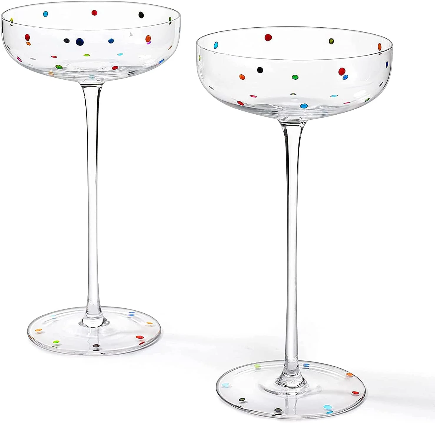 Polka Dot Champagne Coupe Glasses Set of 2 12 oz by The Wine Savant - Polka Dot Rainbow Colored Glasses, Cocktail Glassware, Polka Dot Gifts Damien Hirst, Gift Idea For Everyday, Weddings, Parties
