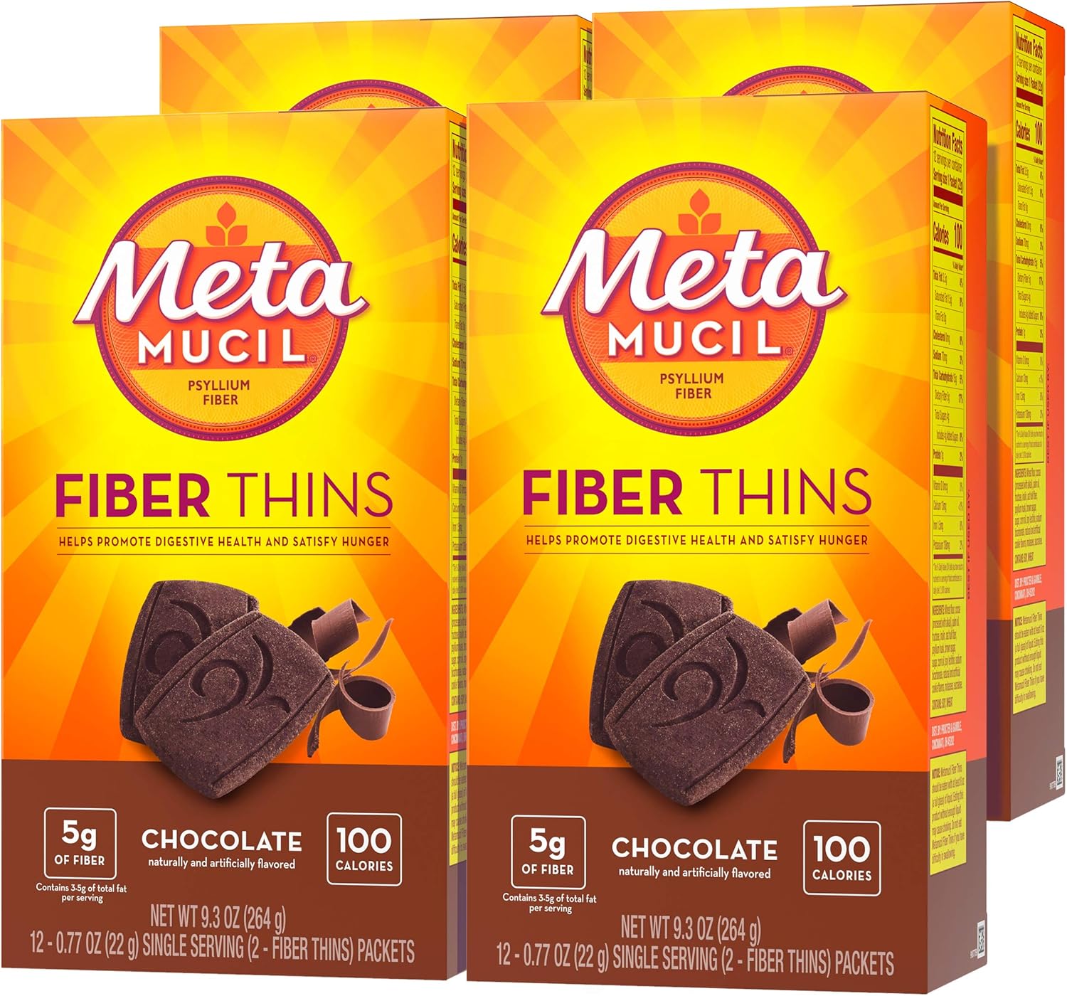 Metamucil, Fiber Thins, Daily Psyllium Husk Fiber Supplement, Supports Digestive Health and Satisfies Hunger, Chocolate Flavor, 12 Servings