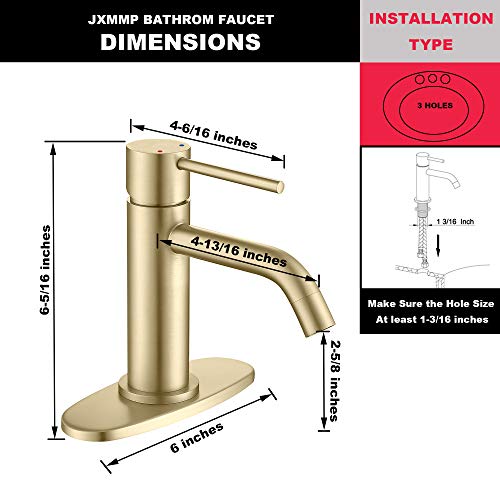 Brushed Gold Vessel Sink Faucet with Pop Up Drain and Supply Lines, Stainless Steel Gold Vanity Faucet Single Hole, JXMMP Single Handle Bathroom Faucet Gold, JXM1001BG