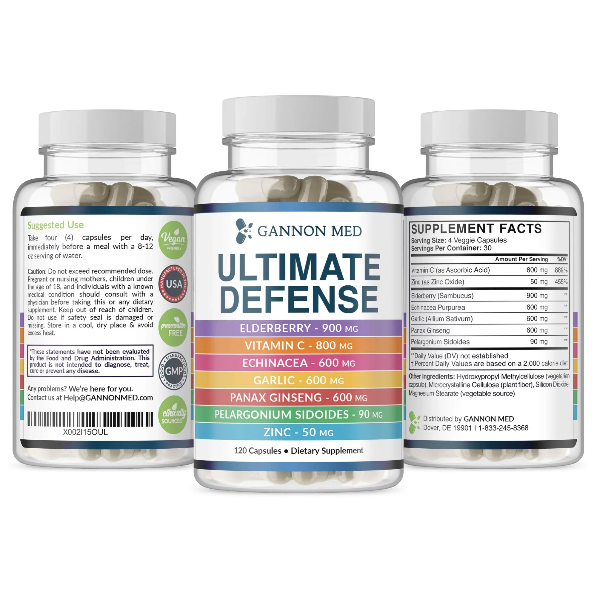 Ultimate Defense - Zinc 50mg - Vitamin C 800mg - Sambucus Elderberry 900mg - Echinacea P. 600mg - Garlic 600mg - Ginseng 600mg - Pelargonium S. 90mg - Synergistic System Booster - 120 Vegan Caps - USA
