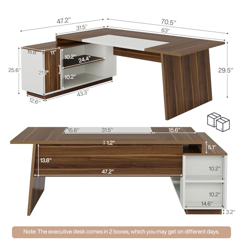 Tribesigns L-Shaped Executive Office Desk, 70.5-Inch Mid-Century Modern Executive Desk with Storage Cabinet and Shelves, Large Computer Desk for Home Office, Brown + White