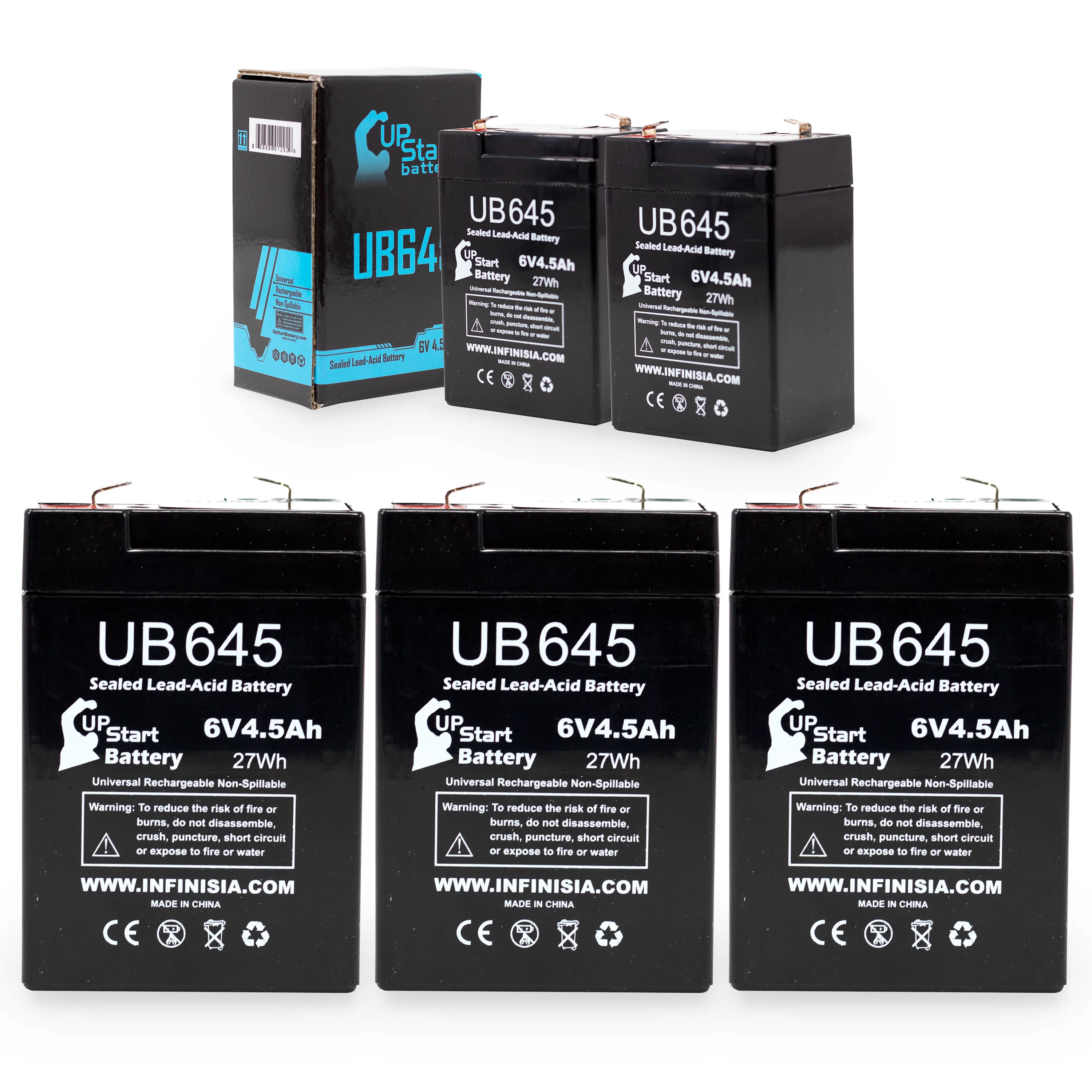 5x Pack - Compatible W. W. Grainger 5VC22 Battery - Replacement UB645 Universal Sealed Lead Acid Battery (6V, 4.5Ah, 4500mAh, F1 Terminal, AGM, SLA) - Includes 10 F1 to F2 Terminal Adapters