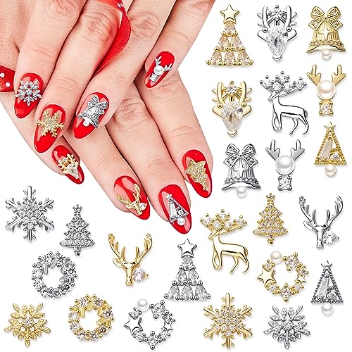 24 Pcs Christmas Nail Charms Rhinestones Snowflake Deer Christmas Wreaths Tree Bell Nail Gems 3D Gold Silver Art Jewels Metal Diamonds Design for Xmas Holiday DIY Craft Decorations