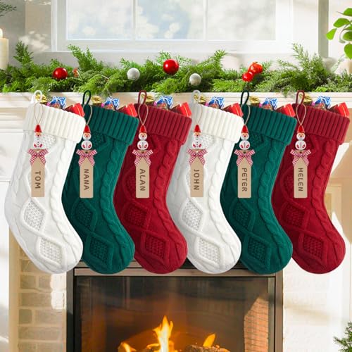 Personalized Christmas Stockings - 18” Large Knitted Xmas Stocking with DIY Snowman Wooden Name Tag, 6 Pack Hanging Family Stockings for Kids Mantels Christmas Holiday Decor, Red Green White