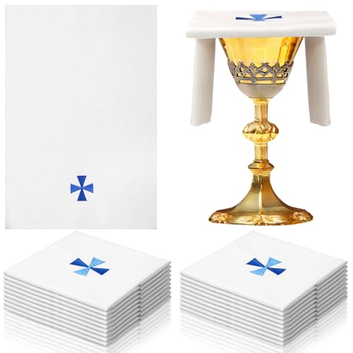 12 Pack of Embroidered Cotton and Linen Purificator with Silver Cross Center Embroidered Purificators for Catholic Mass Church Altar Cotton and Linen Towel Catholic Communion Supplies, 12 x 18 Inch
