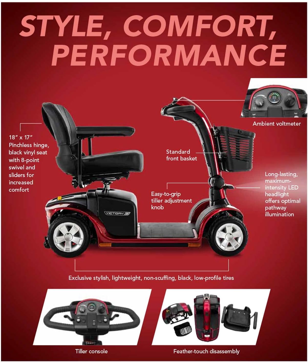 Pride Mobility Victory 9 4 Wheel SC709 Mobility Scooter, Candy Apple, Outdoor 4-Wheel Travel Electric Mobility Scooter for Adults, 300 lbs. WC, Up to 5.3 MPH, 13 Miles Range Per Charge