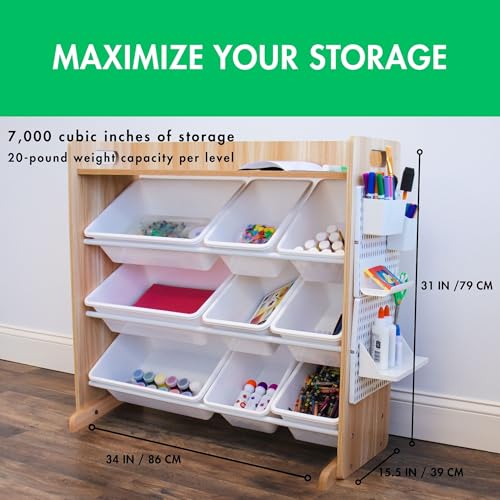 Humble Crew Crafts and Toy Storage Organizer with Top Shelf and 9 Removable Bins, Natural/White Toddler Bookshelf with Organizer - Modern Rack Ideal for Kids' Rooms, Playrooms, and Nurseries
