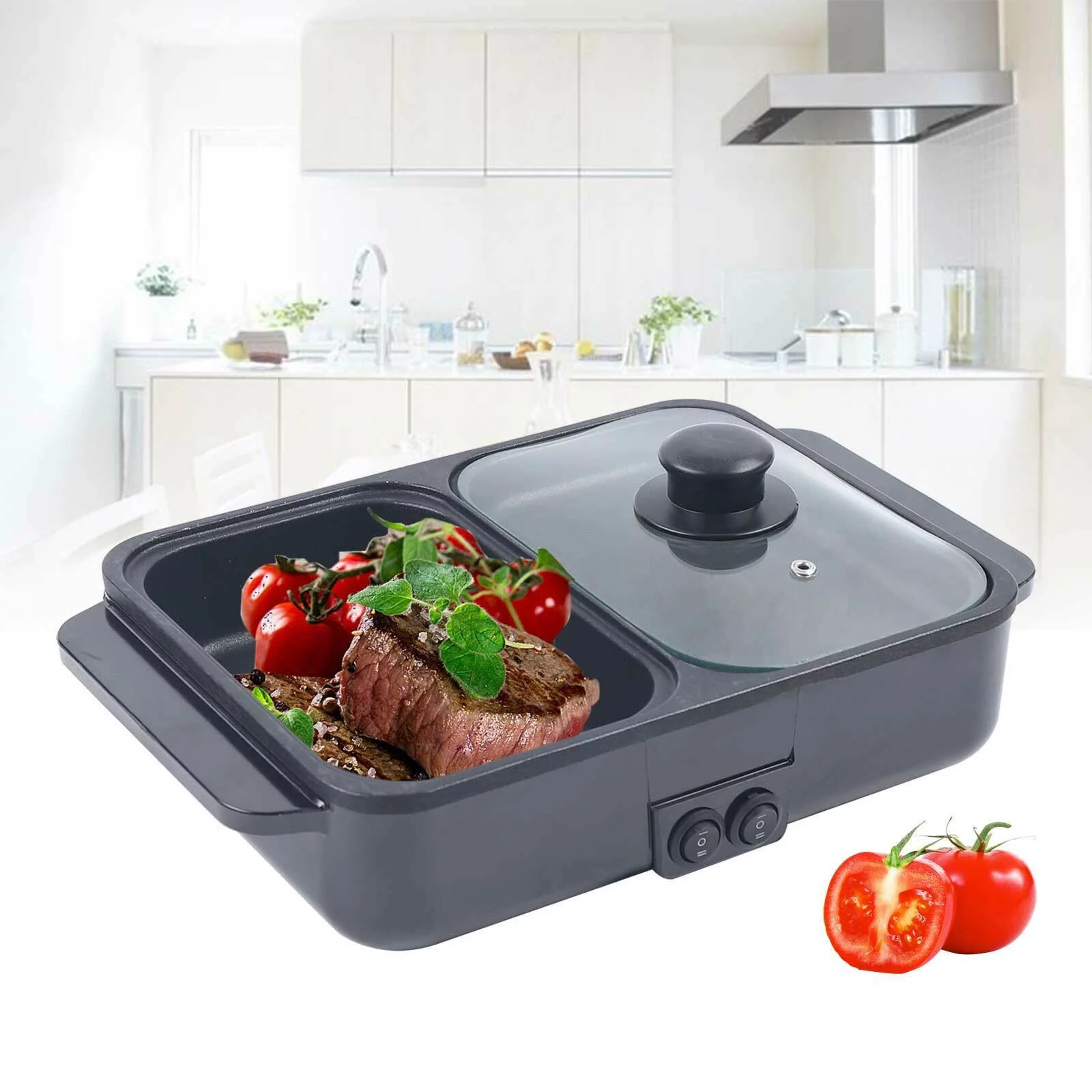 Oukaning 2 In 1 Electric Barbecue Grill Hot Pot BBQ Grill Pan Non-Stick Shabu Baking Pan Outdoor Camping