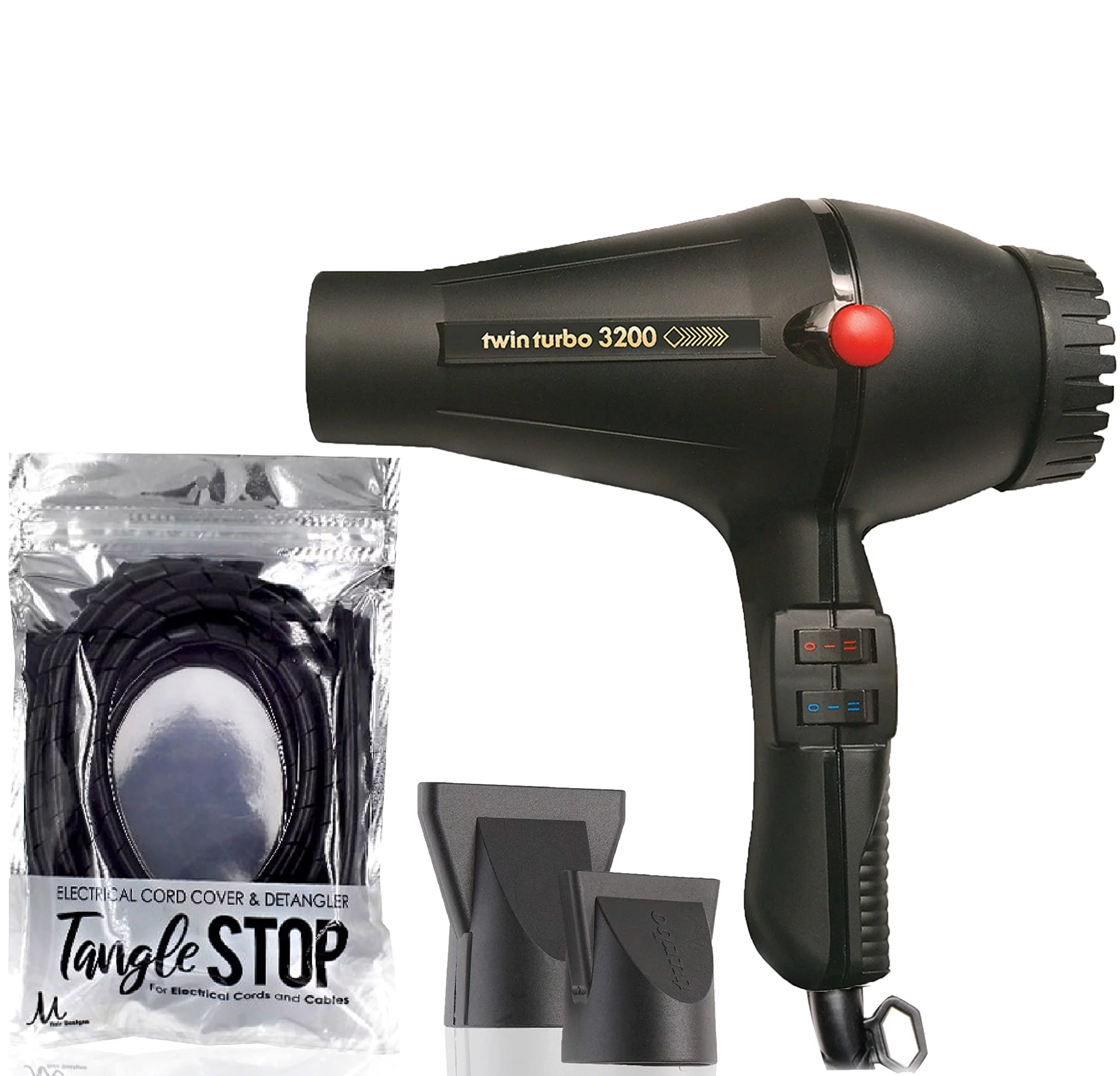 Bundle 2: (1) Turbo Power Twin Turbo 3200 Hair Dryer Black and (1) Tangle Stop Cord Detangler Black..