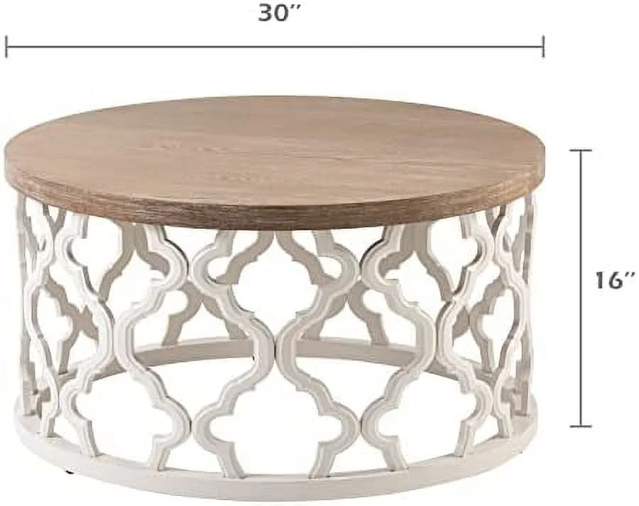 TJUNBOLIFE Rustic Farmhouse Coffee Table  Distressed Wood Top Table with Curved Motif Frame Base for   French Country Decor  Round  White  30Dx30Wx16H in