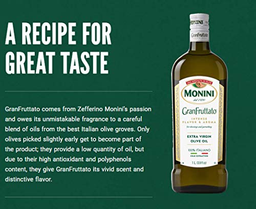 Monini Premium Extra Virgin Olive Oil | GranFruttato for Dressing and Garnishing | Cold Extracted Process, Intense Flavor & Aroma | 33.8oz (1L)