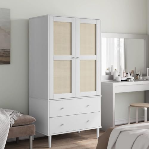 vidaXL Solid Pine Wood Wardrobe - White, Rattan Look Design, Spacious Drawers and Compartments, UV Varnish Finish, Ample Storage for Clothes and Accessories, Perfect for Living Room or Bedroom