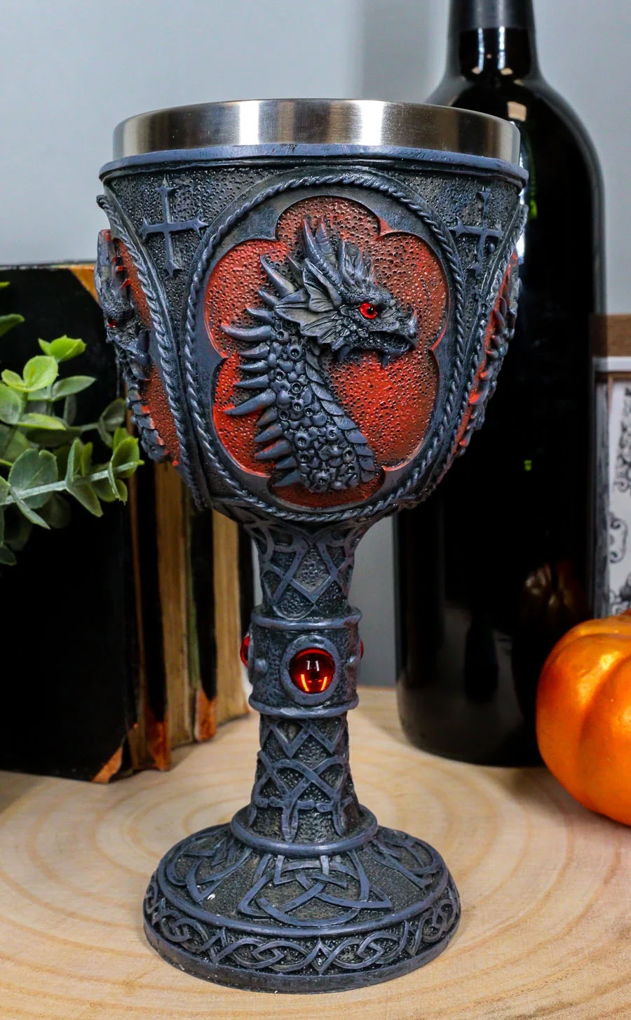 Ebros Celtic Knotwork Tattoo Dragon Wine Drink Chalice Figurine 8oz W/ Red Gems