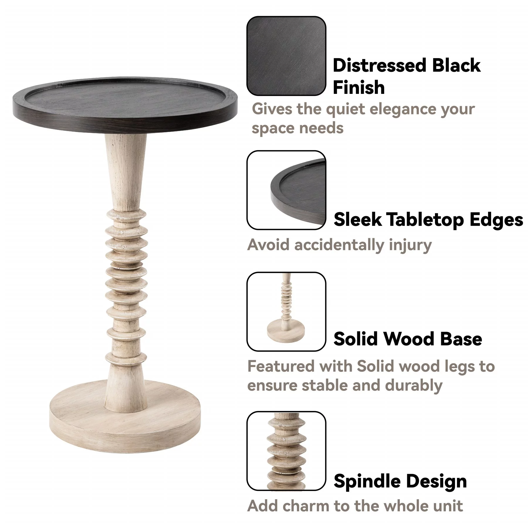 COZAYH Pedestal Small Drinking Table, Farmhouse Tray Top End Table, Distressed Finish, Black Top on Aging White Frame
