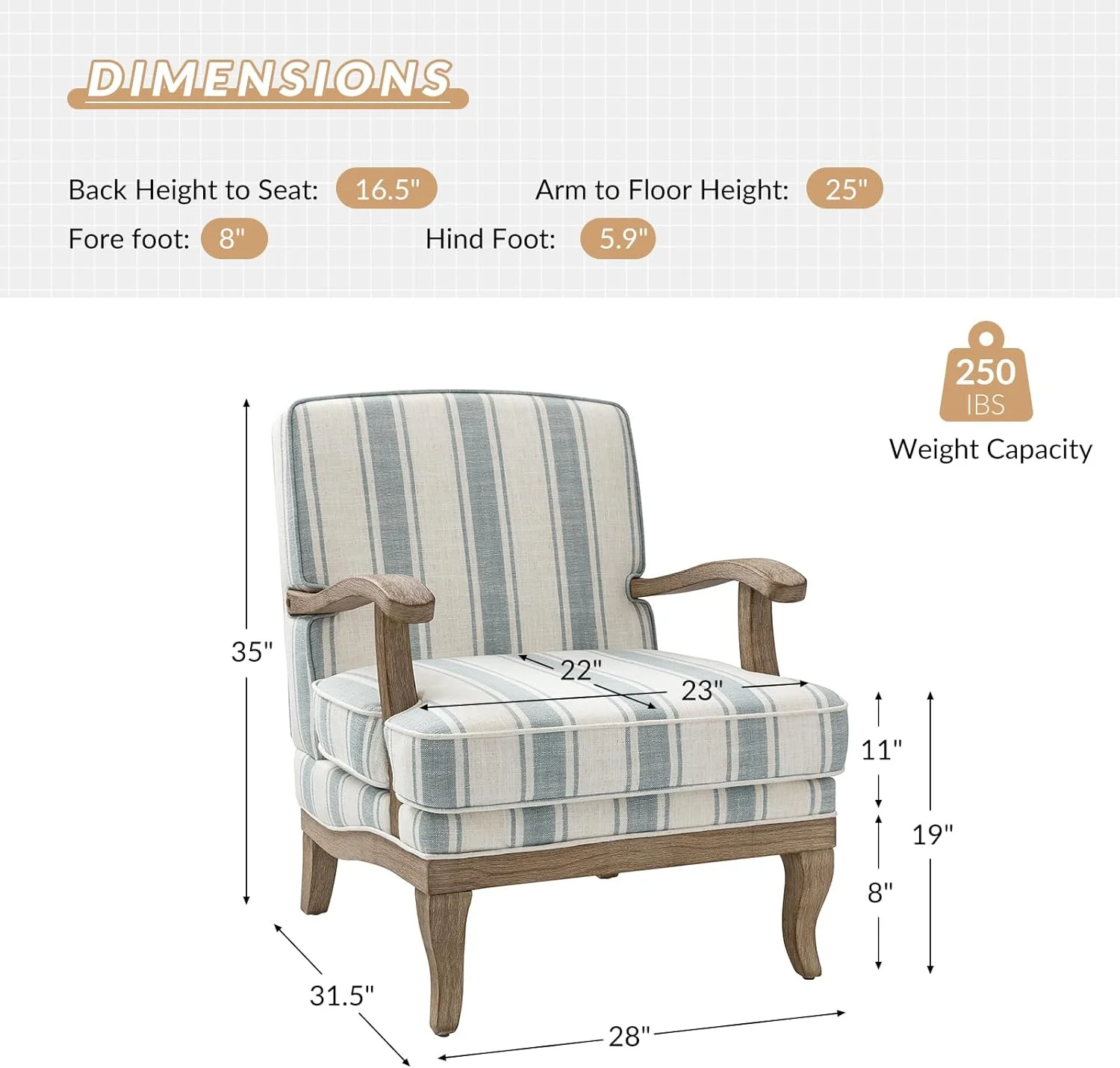 Modern Chair Set Of 2, Upholstered Living Room Accent Chair, Lounge Armchair With Graceful Curves, Farmhouse Chairs With Romantic Stripes, Accent Chair For Bedroom, Blue