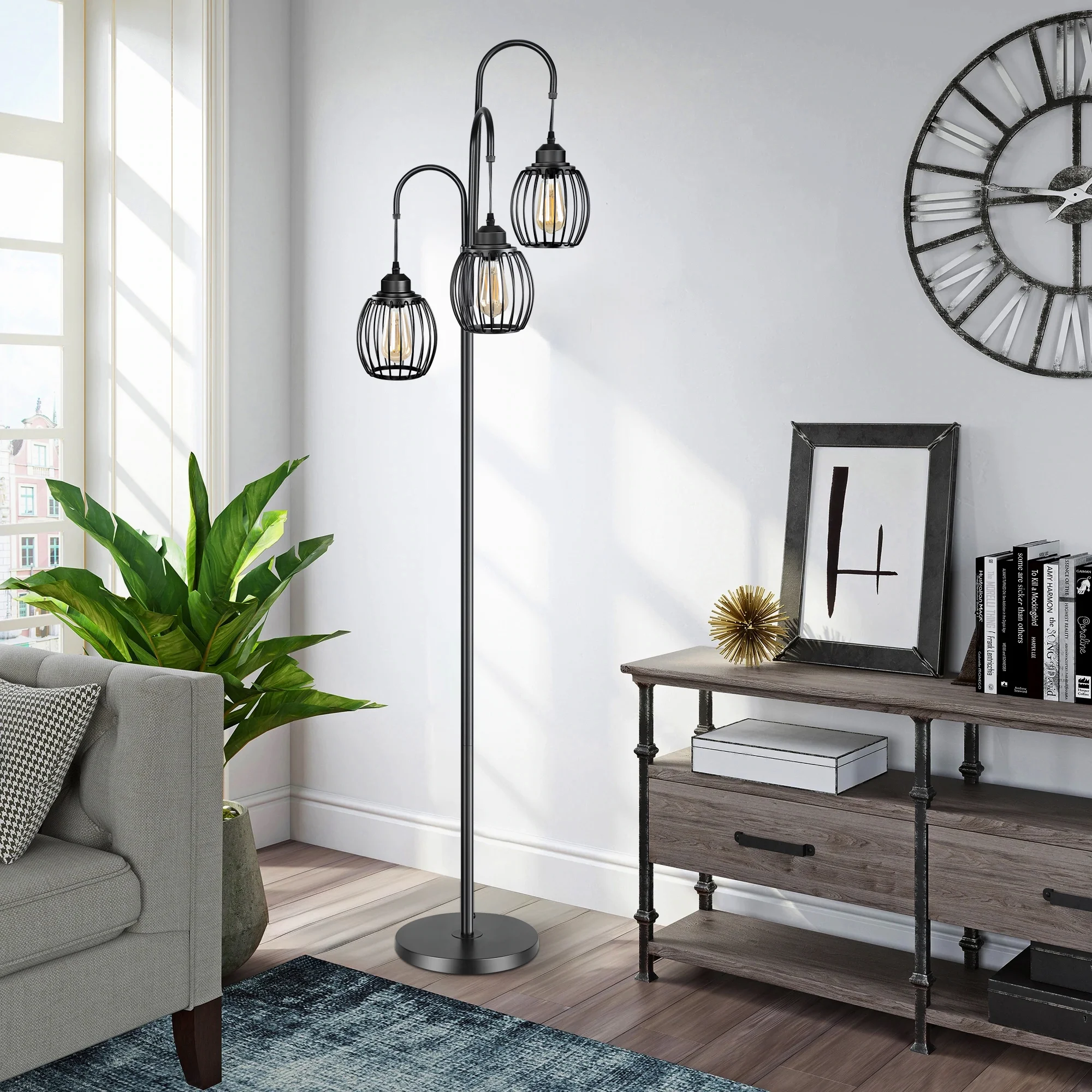 OUTON 69'' Dimmable Floor Lamp, Industrial 3 Light Tree Floor Lamps for Living Room and Bedroom, Black