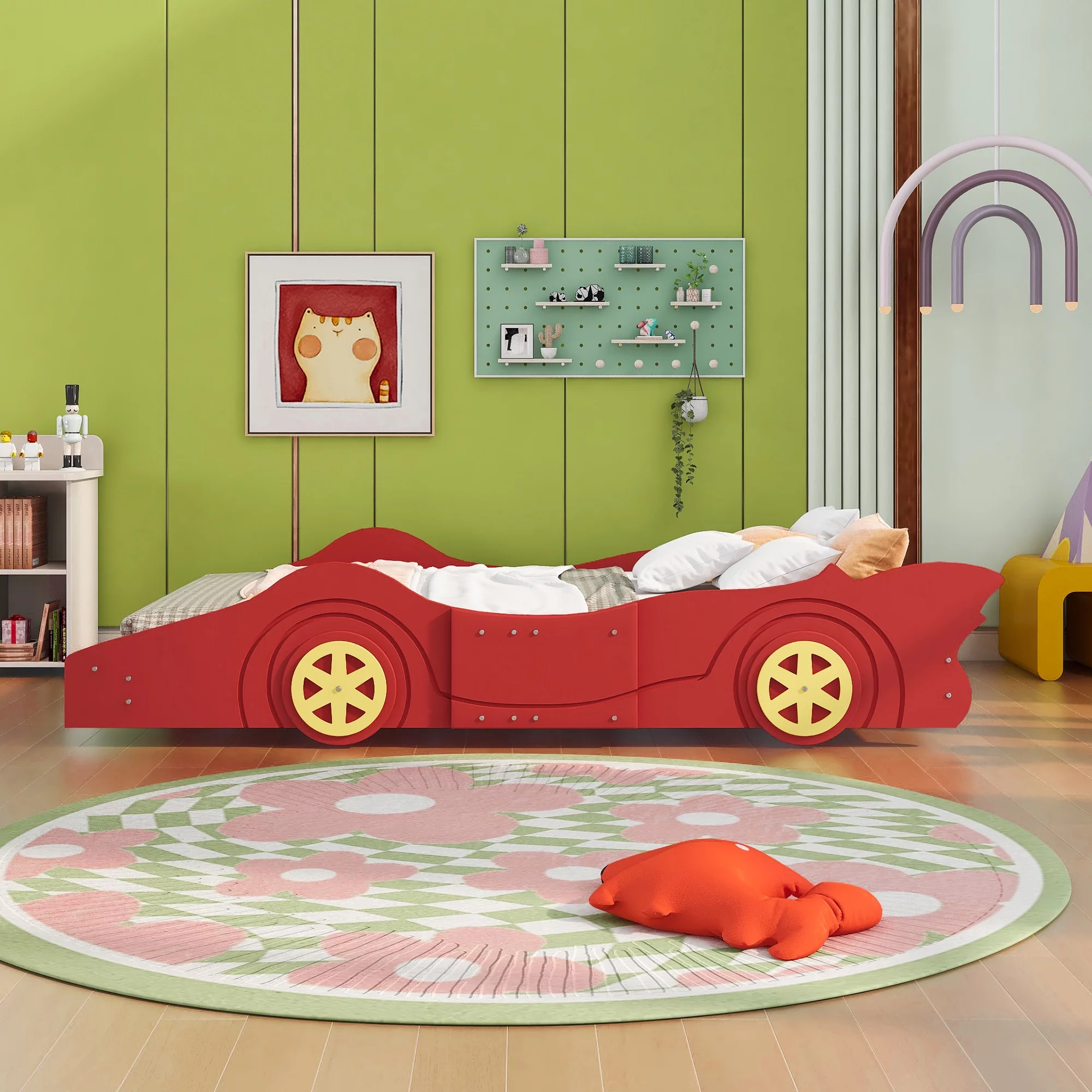iRerts Race Car Shaped Full Bed Frame, Wood Full Platform Bed Frame for Kids Toddlers, Children Full Size Platform Bed with Wheels, Wooden Slats, No Box Spring Needed, Red