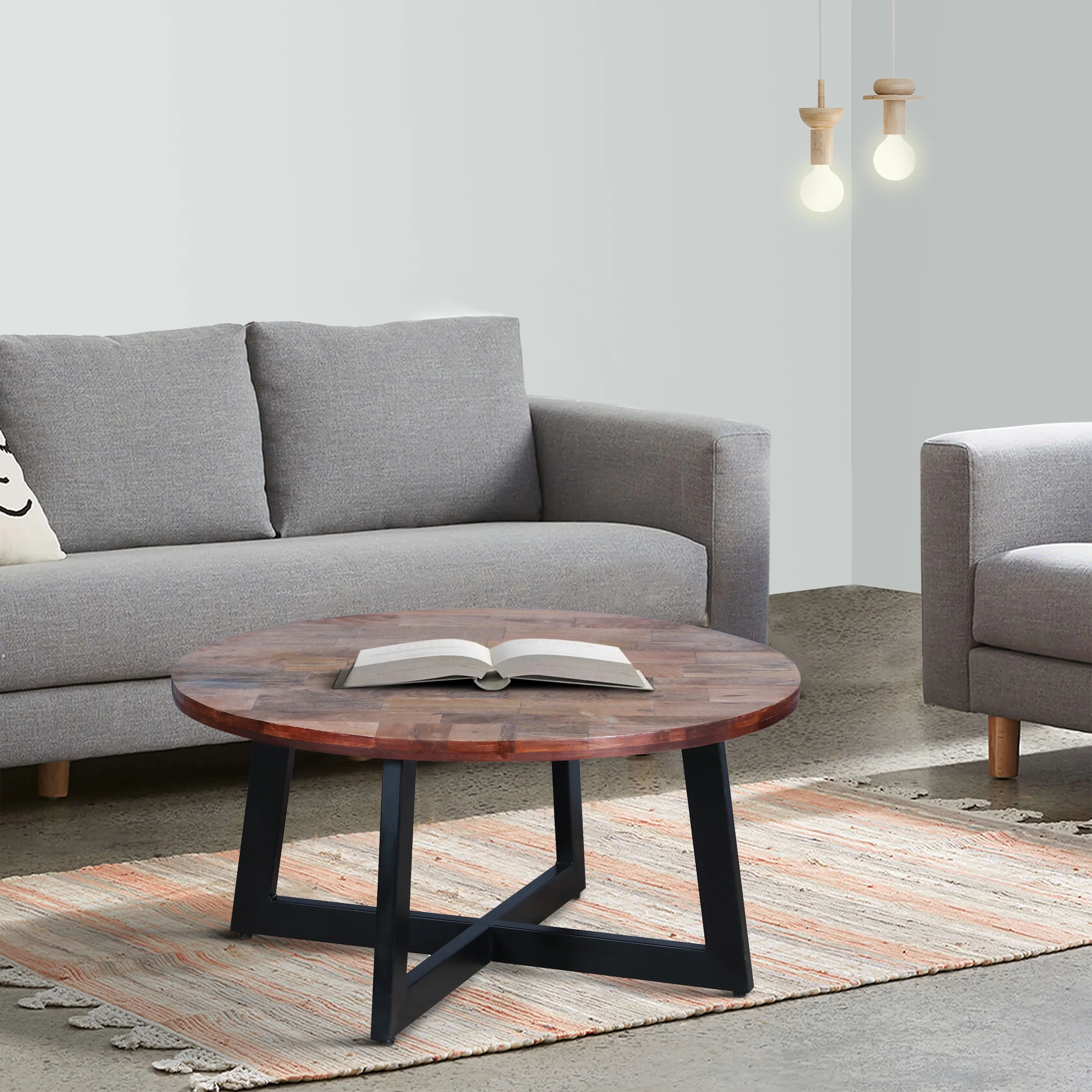 31 Inch Round Mango Wood Farmhouse Coffee Table, X Shape Iron Frame, Brown, Black