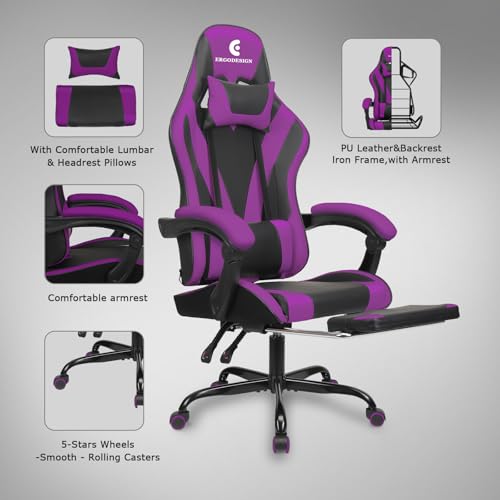 Gaming Chair with Linkage Armrest & Footrest, High Back Video Gaming Chair, Black