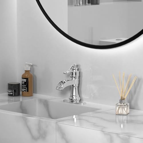 Vessel Sink Faucet, Oil Rubbed Bronze Black Bathroom Faucet, Farmhouse Waterfall Sink Faucet Single Hole with Pop Up Drain Assembly Without Overflow One Hole Mixer Tap Deck Mount