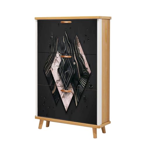 Shoe Cabinet with 3 Flip Drawers Pastel colors Luxury art Eastern style Golden swirl artistic Wooden Shoe Storage Cabinet Boho Freestanding Hidden Shoe Rack Slim Shoe Organizer for Entryway