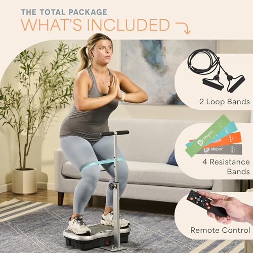 Lifepro TrimLite Vibration Plate Exercise Machine with Handlebars – Whole Body Vibration Machine, Ideal Lymphatic Drainage Massager – 99 Speed Levels, Bluetooth Speaker, Resistance Bands & Remote