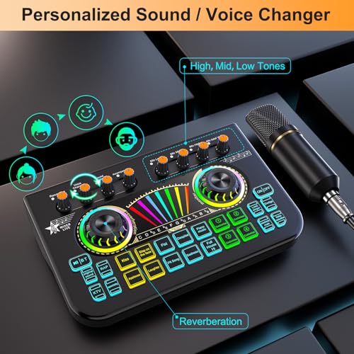 Podcast Microphone Bundle with Live Sound Card Audio Mixer, Podcast Equipment Bundle with 3.5mm Condenser Microphone for Pc/Phone Live Streaming Singing Gaming, Sound Board with Voice Changer, Denoise